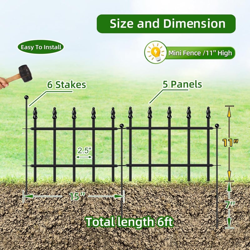 FOREHOGAR Decorative Metal Garden Fence 11in H x 6ft L, Small Border Fence Roman Column Deco, Garden Fencing for Flower Bed Lawn Landscape Outdoor, 5 Panels + 6 Stakes Black - Image 3